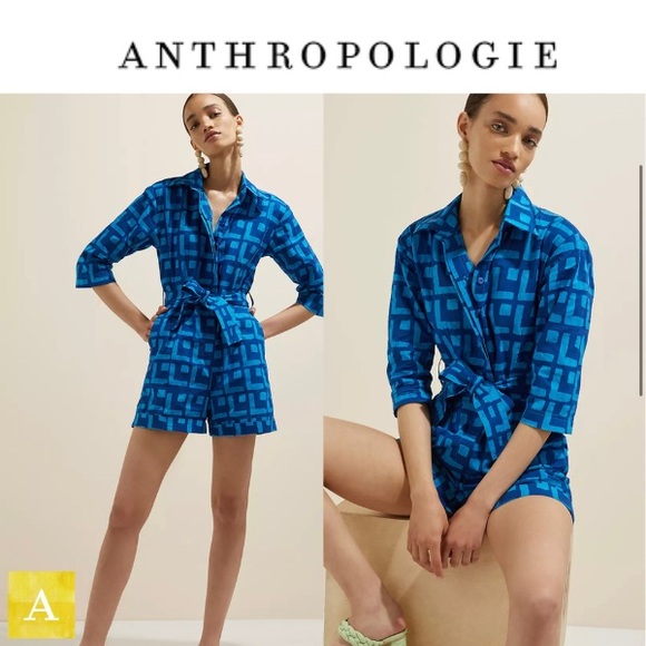 NWT Anthropologie SIKA Geometric Romper - women size 2 geometric blue with belt - Picture 1 of 11